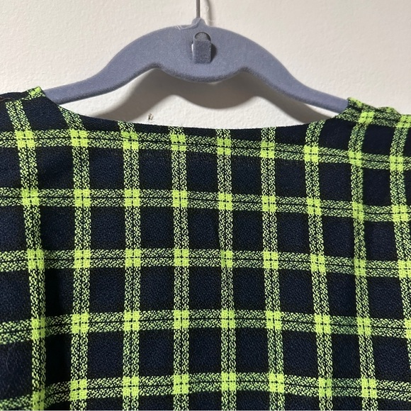 Vintage Plaid Open Front Collarless‎ Blazer Black Blue Neon Green Check Size XL - Picture 8 of 11